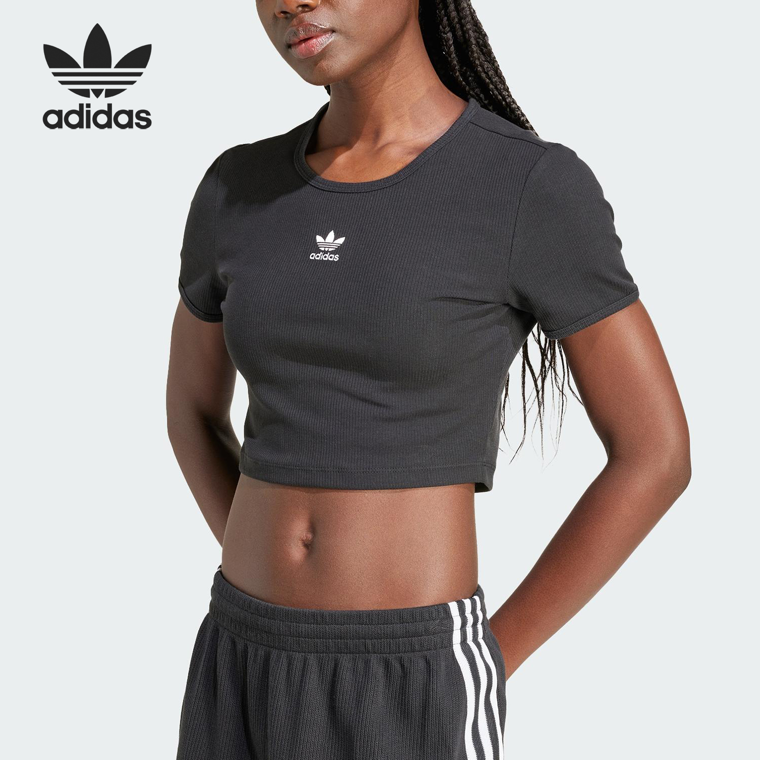 Adidas/阿迪达斯官方正品三叶草女士修身短款运动透气短袖IY9664