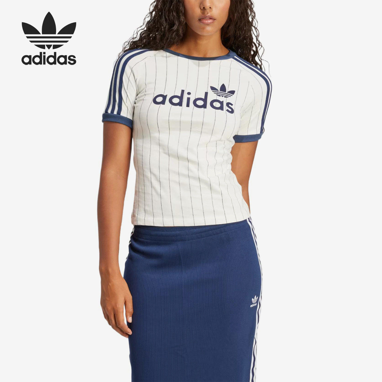 Adidas/阿迪达斯官方正品三叶草男米白色条纹线性徽标短袖JC7705 - 实物图