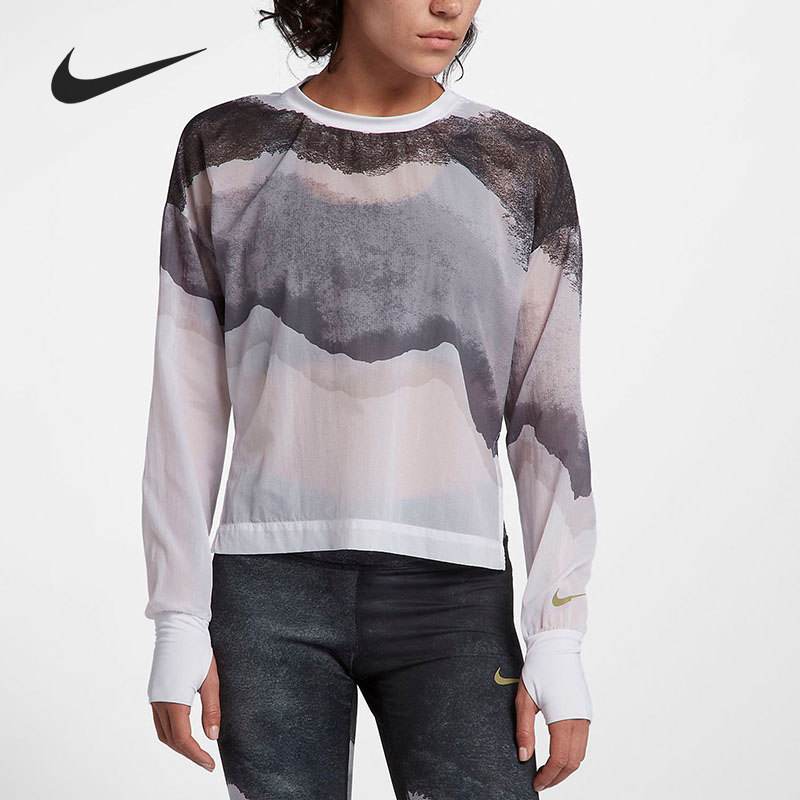 Nike耐克正品女印花圆领跑步上衣修身短款休闲长袖T恤AO4110-092