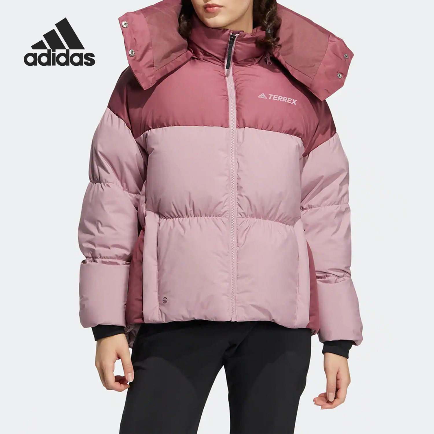 Adidas阿迪达斯正品女拼接撞色连帽印花短款保暖外套羽绒服HN1998