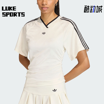 Adidas/阿迪达斯正品三叶草女士透气球衣风修身V领短袖T恤KC9122