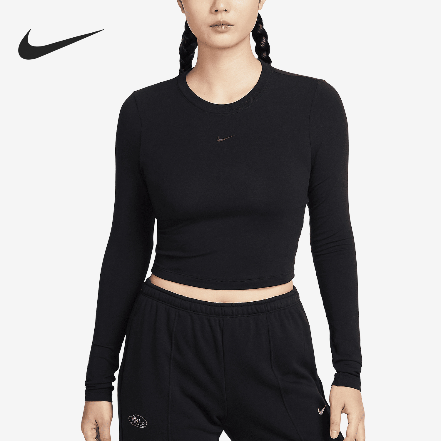 耐克女士修身长袖运动短款T恤