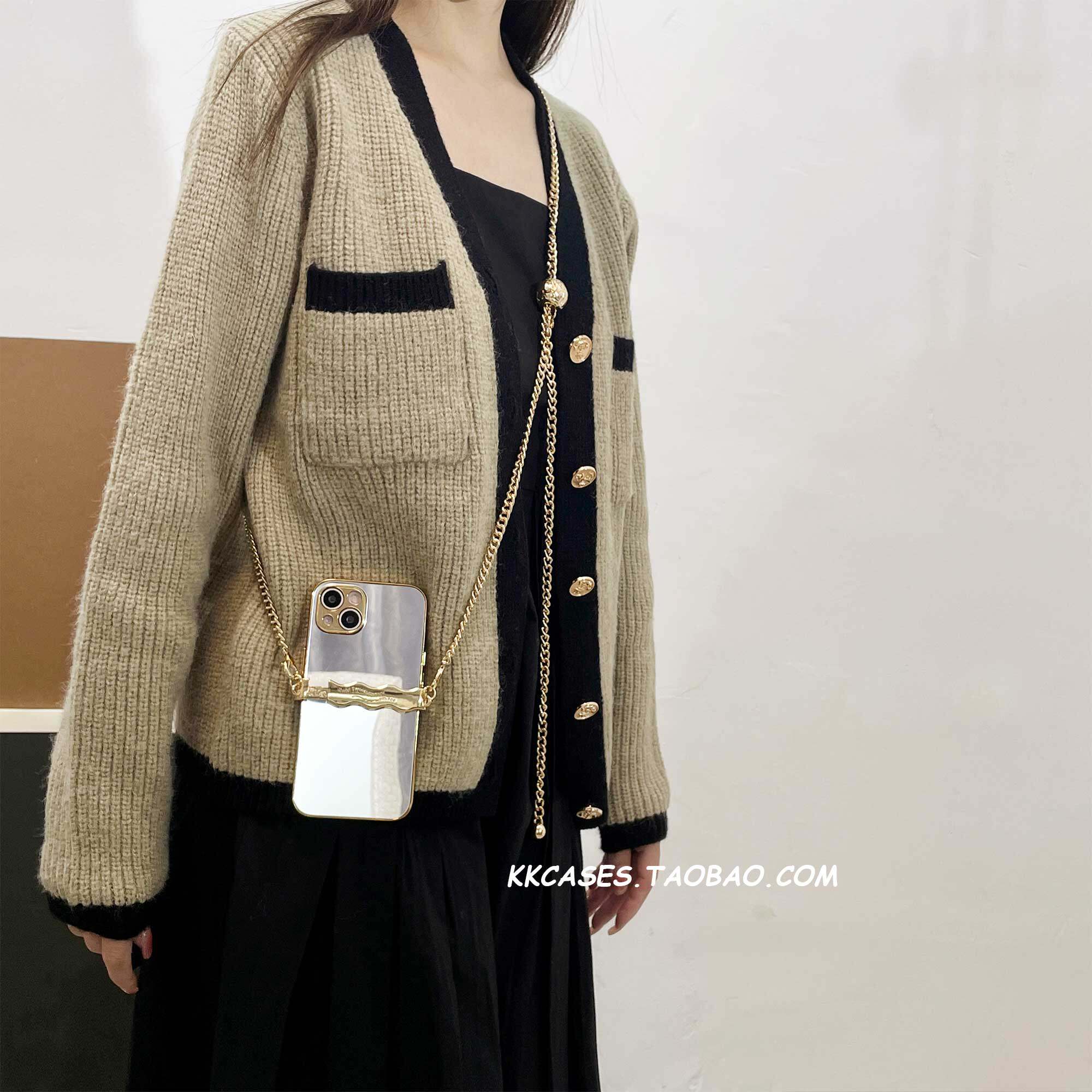 小众可调节金色链条波浪手机夹斜挎可背手机链挂脖挂绳手机壳背夹