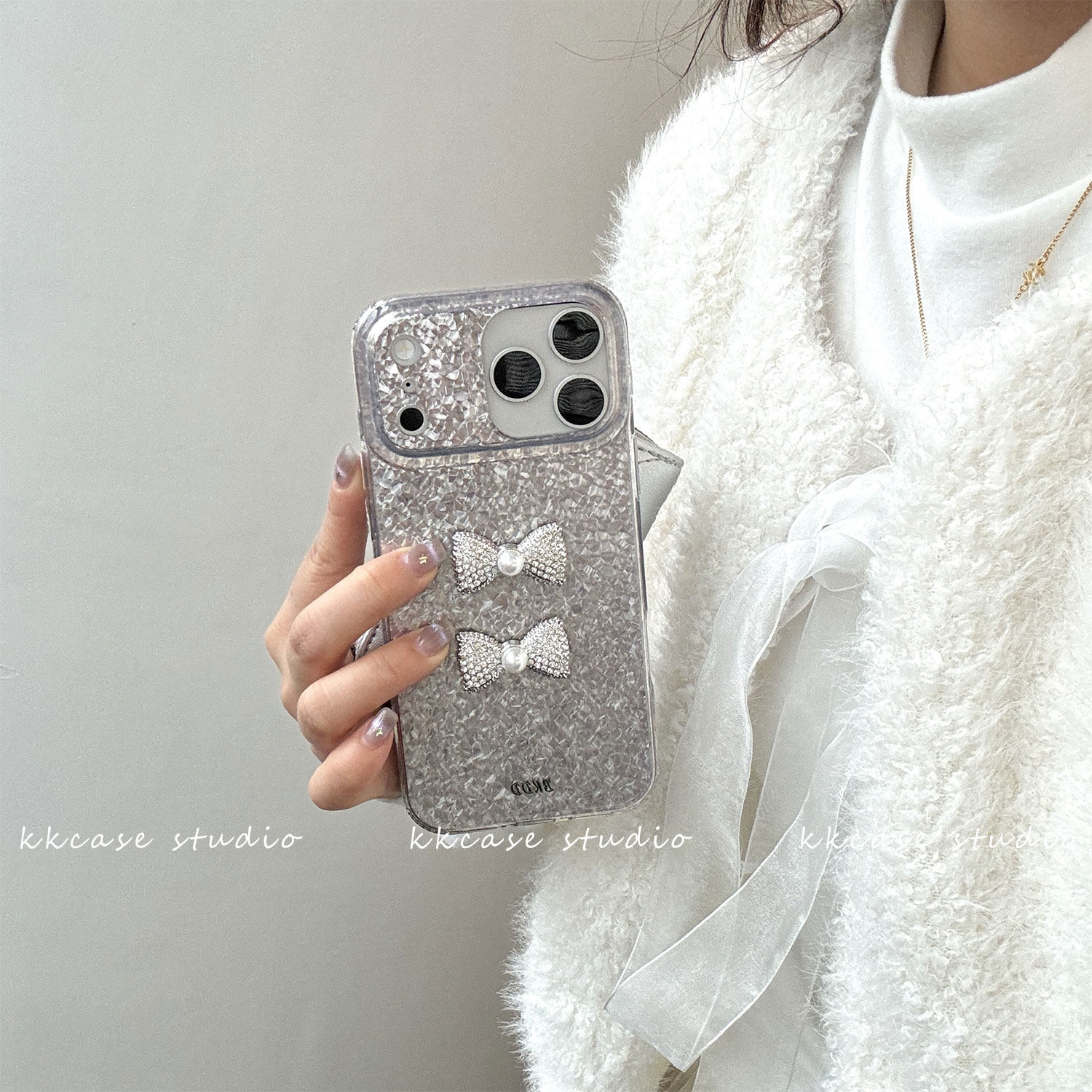 iphone15pro小众高级感银色纹理14max轻奢蝴蝶结手机壳12苹果16适用新款全包防摔13韩国ins保护套17少女心
