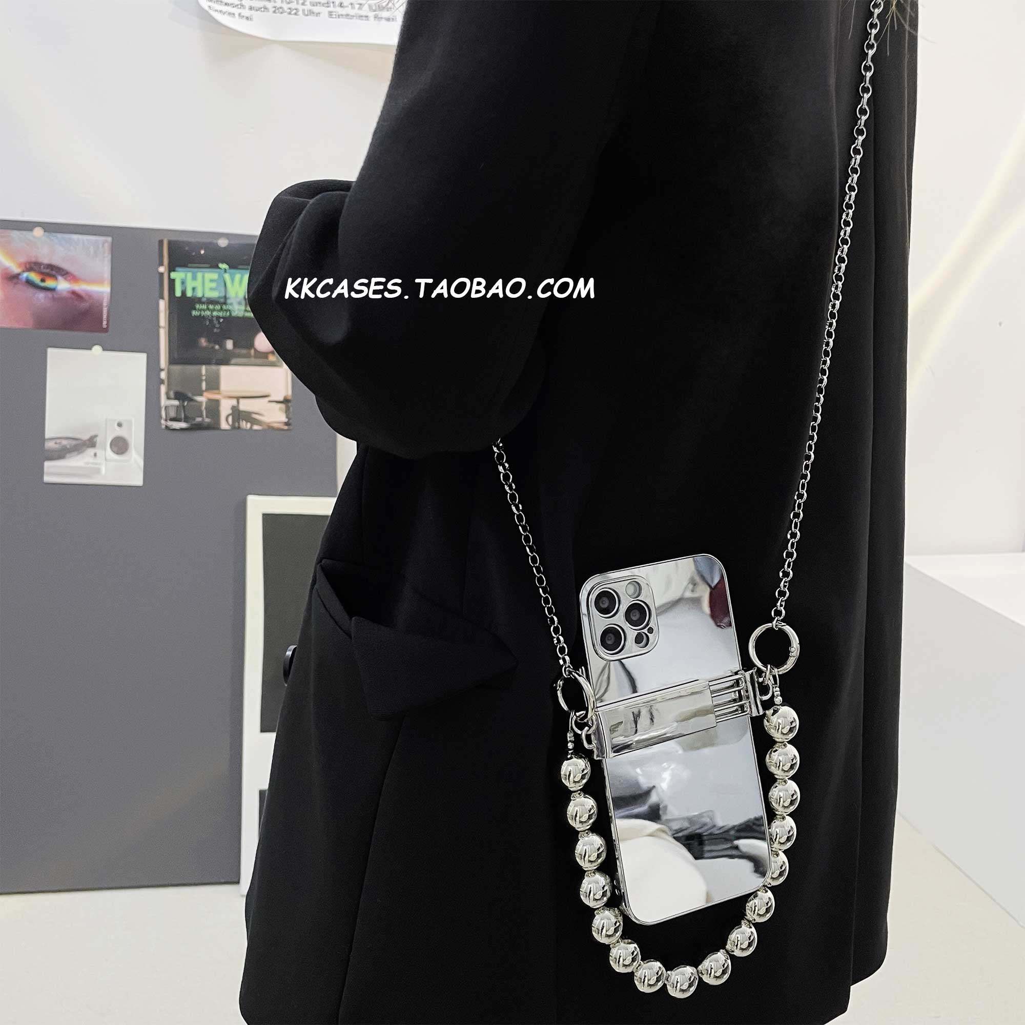 圆珠手提手机壳斜挎手机链万能挂脖可背挂绳手机夹金属链条背夹