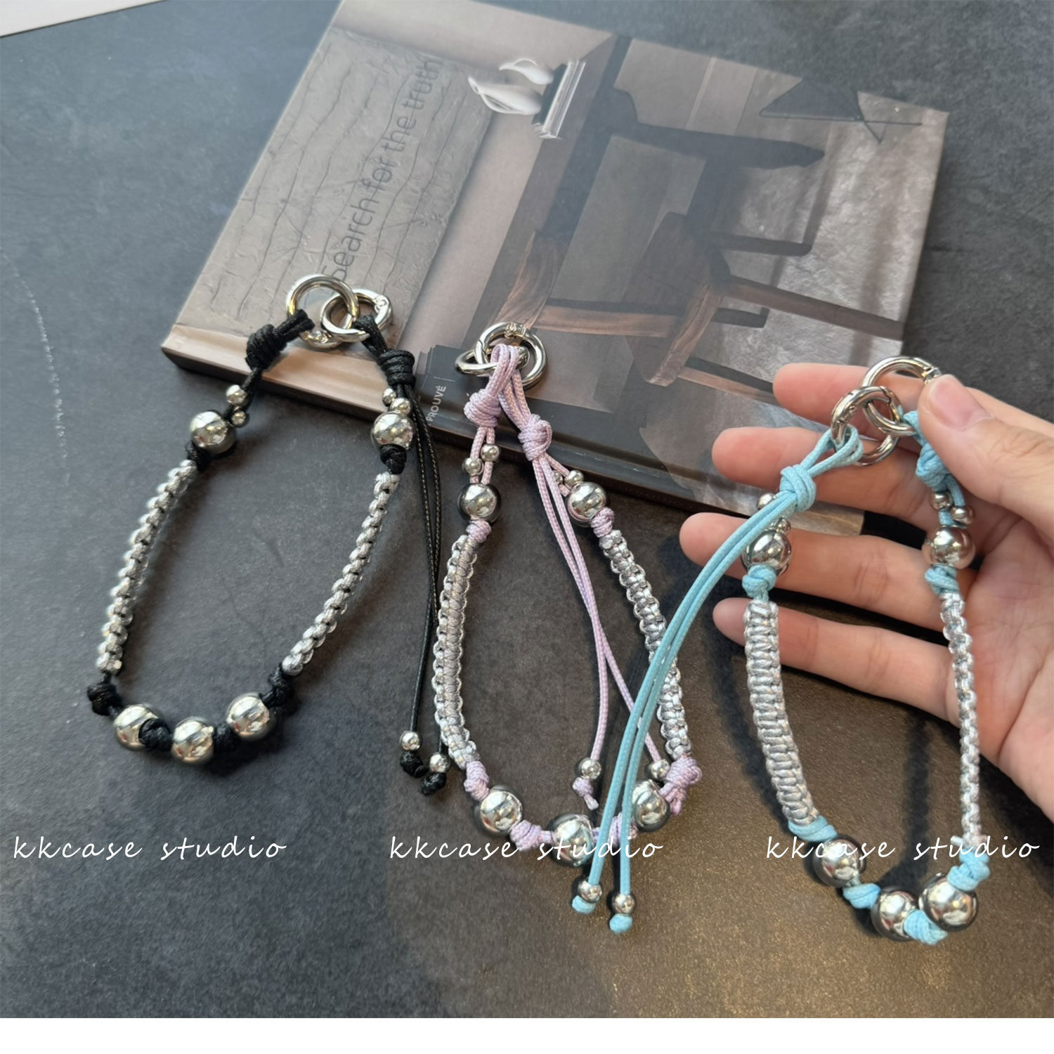 银色珠调节手提编织手机链手提绳