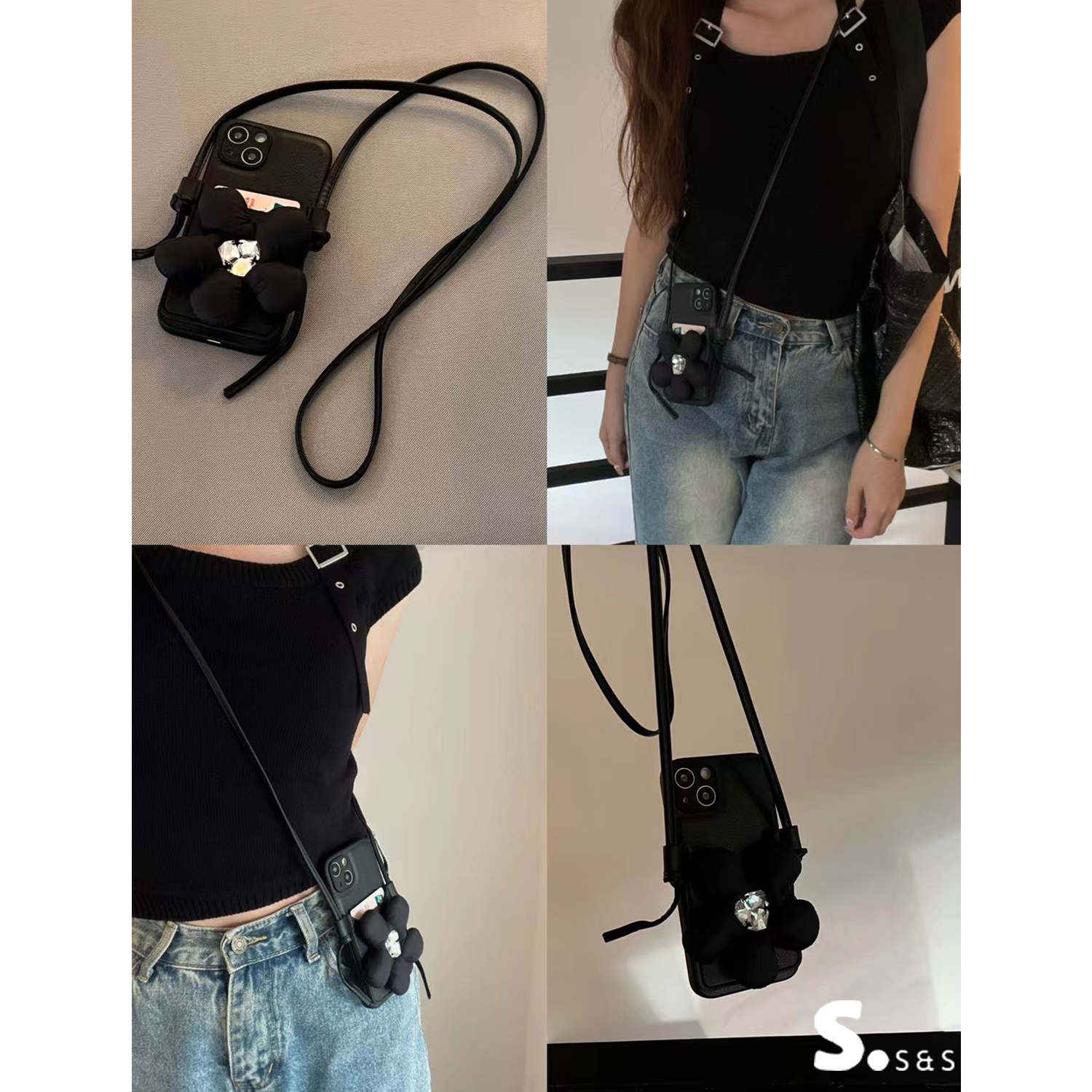 iphone15pro小众小花14max斜挎挂绳皮质全包17手机壳13苹果16适用卡包黑色高级感50华为mate60可背挂脖保护套