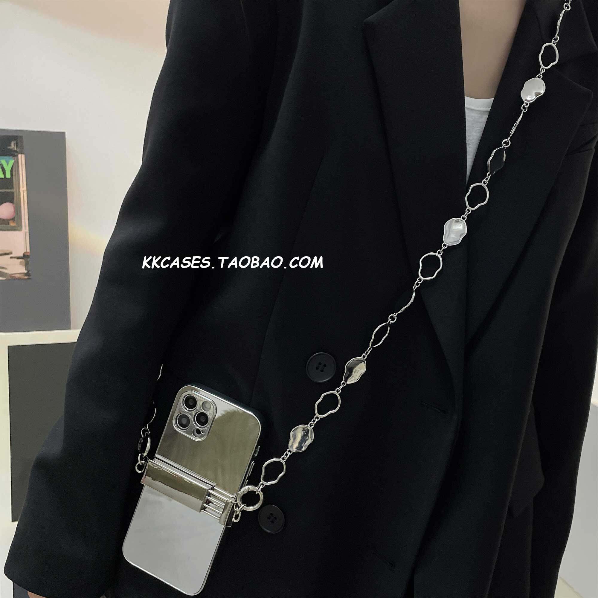 不规则镂空斜挎手机夹金属链条手机挂脖挂绳斜挎可背手机壳背夹