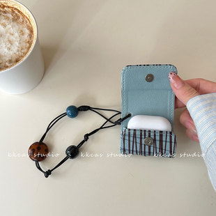 airPods Pro第一二三代123小众皮质耳机壳苹果适用无线蓝牙保护套高级感纽扣个性创意蓝棕格纹耳机包耳机盒