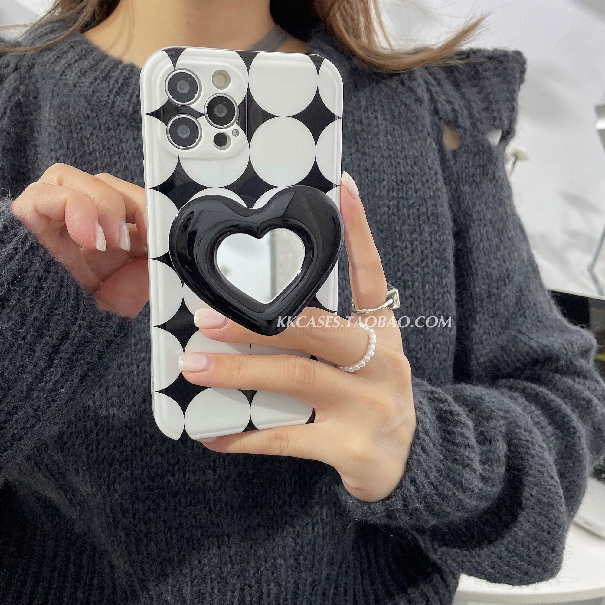 15小众高级感iphone14波点手机壳17爱心镜子12支架13苹果16promax适用镜头全包软壳11补妆镜个性创意保护套