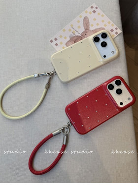 iphone15pro小众新年红皮质手提腕带14max轻奢闪钻黄色手机壳12苹果16适用新款全包防摔13韩国ins保护套17