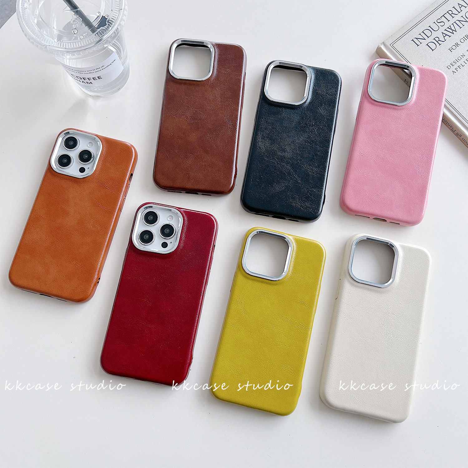 iphone15pro小众简约皮质红色14max高级感黑色手机壳12苹果16适用新款棕色全包防摔13韩国粉ins保护套白色17