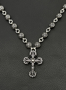 s925纯银高级感复古火焰十字架项链男士十字花球链吊坠经典款潮牌