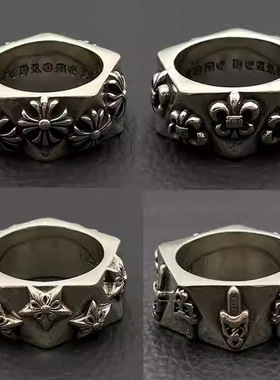 s925纯银高级感复古切面五芒星戒指男女欧美个性厚重霸气指环做旧