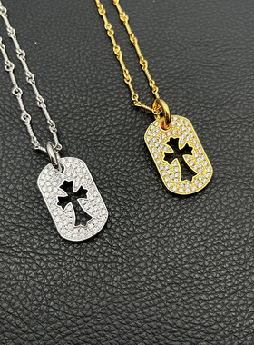 925纯银高级感22k金色满钻军牌项链男女欧美十字架铭牌吊坠经典款