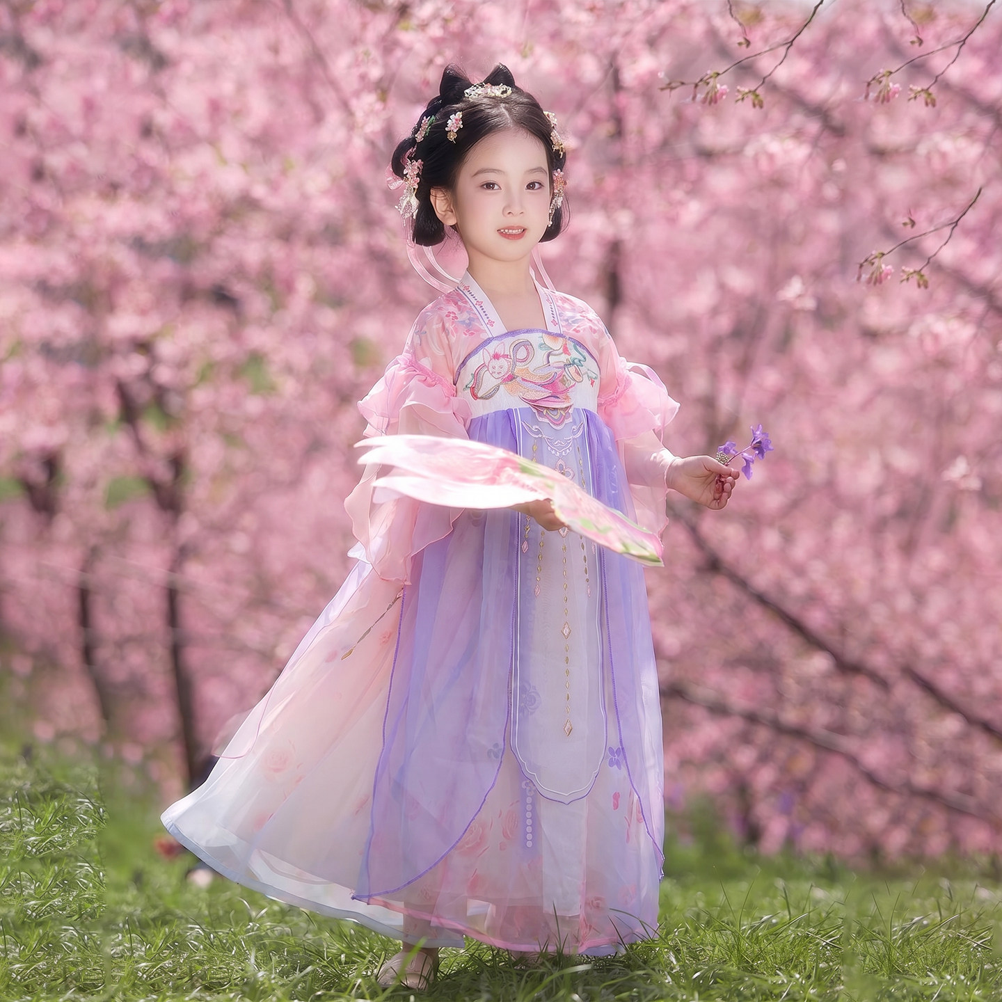 女童汉服国风表演服古风仙气襦裙紫色刺绣连衣裙日常可穿古筝演出