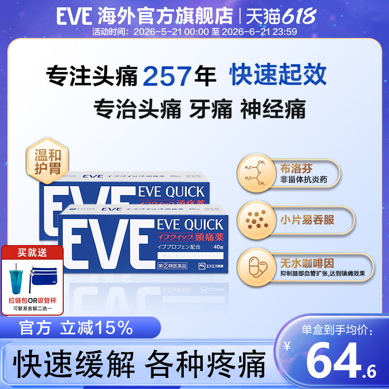 白兔eve止疼药牙疼速效头疼药痛经药喉咙痛退烧药40片*2盒布洛芬