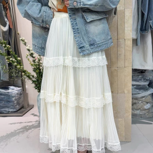 甜甜26年春款法式A字裙摆高腰纱拼蕾丝花边纱裙半身裙26086