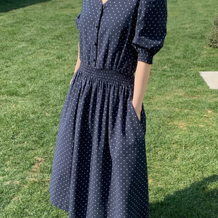 甜甜轻奢26夏上新波点V领泡泡袖 收腰连衣裙2091