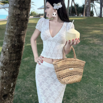 甜甜夏上新名媛气质v领蕾丝上衣+半身裙两件套装i1655