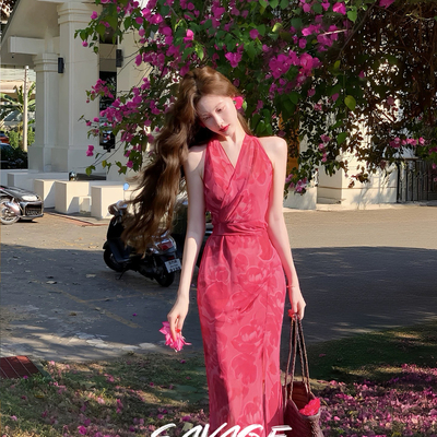 甜甜度假风挂脖印花交叉绑带收腰无袖背心中长款连衣裙A23960