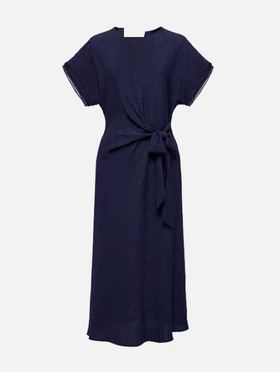 CC+藏蓝色微皱肌理感100%桑蚕丝连衣裙系带扭结2632