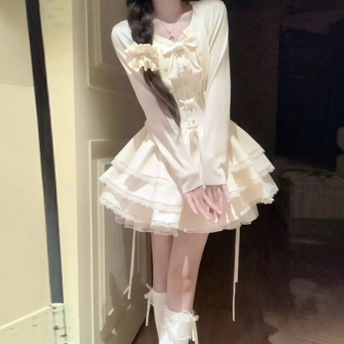 秋季新款小个子纯欲风高级感外搭小开衫蛋糕蓬蓬连衣小裙子两件套
