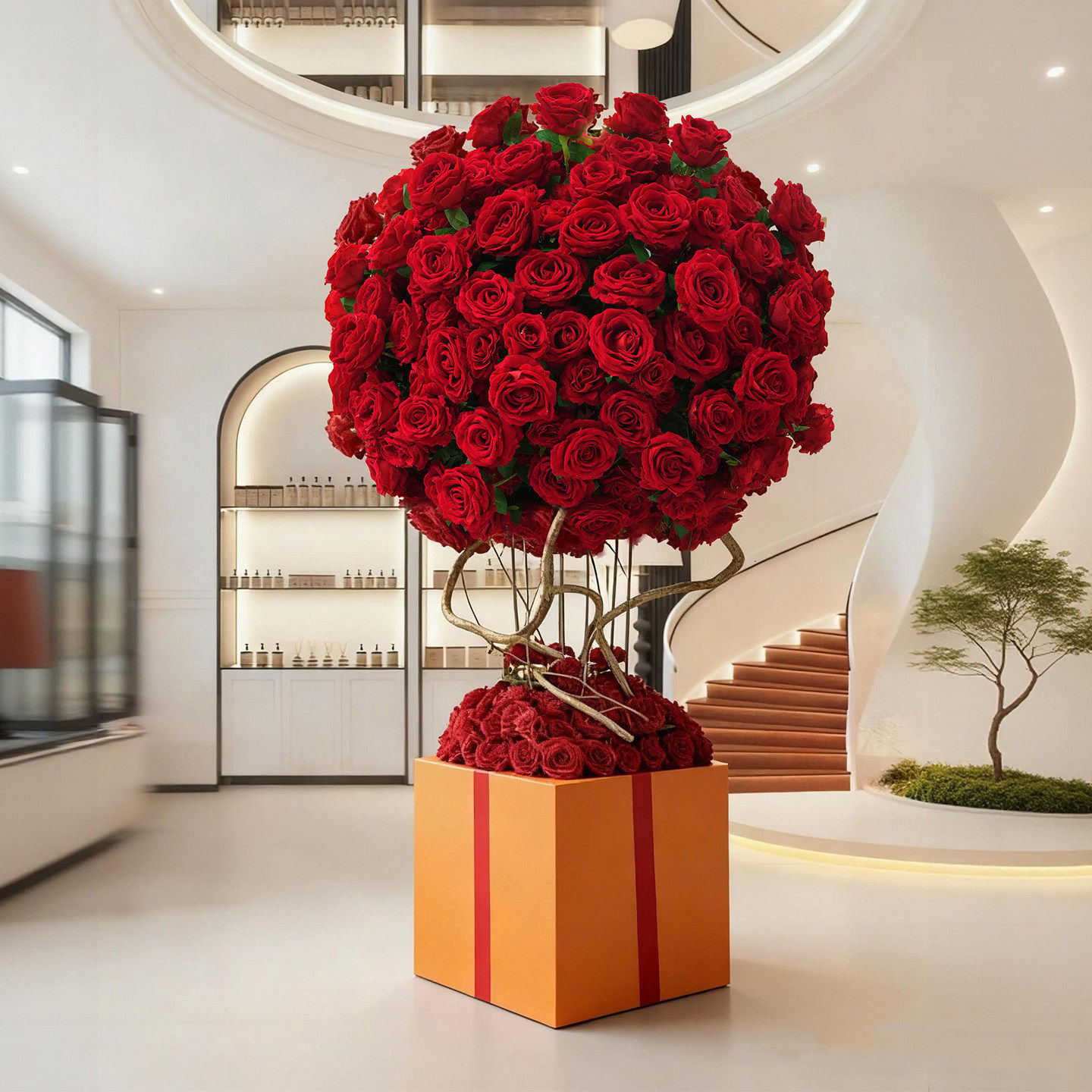 高端室内艺术装置假花摆件节日氛围装饰大型仿真玫瑰花球礼盒套装