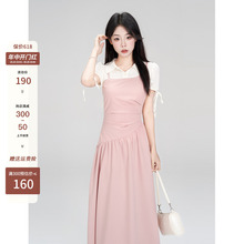 拼接长裙 一颗小野莓粉色假两件连衣裙女韩系褶皱高腰显瘦气质时尚