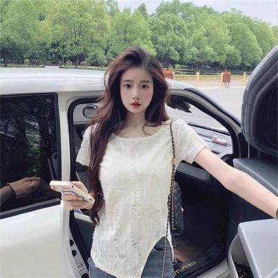 不规则镂空破洞T恤女夏季纯欲风设计感小众别致绝美修身短袖上衣