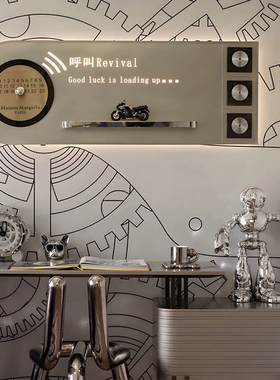 现代样板间儿童房书桌银色机器人音响时钟咖啡杯碟搭配组合摆件