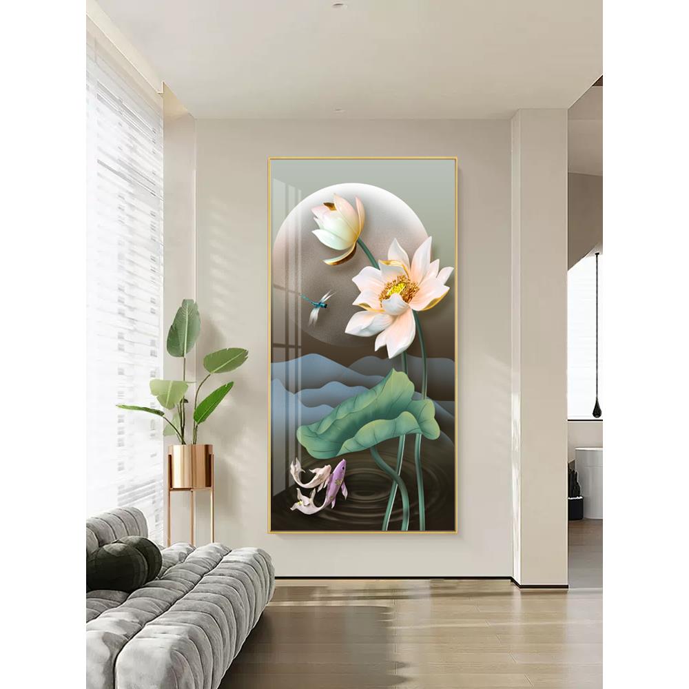 新中式玄关装饰画竖版过道走廊挂画立体镶钻壁画客厅入户墙画荷花图片