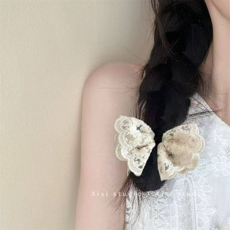 白色蕾丝蝴蝶结大肠发圈韩版小香风头饰温柔新款女生扎头布艺发绳