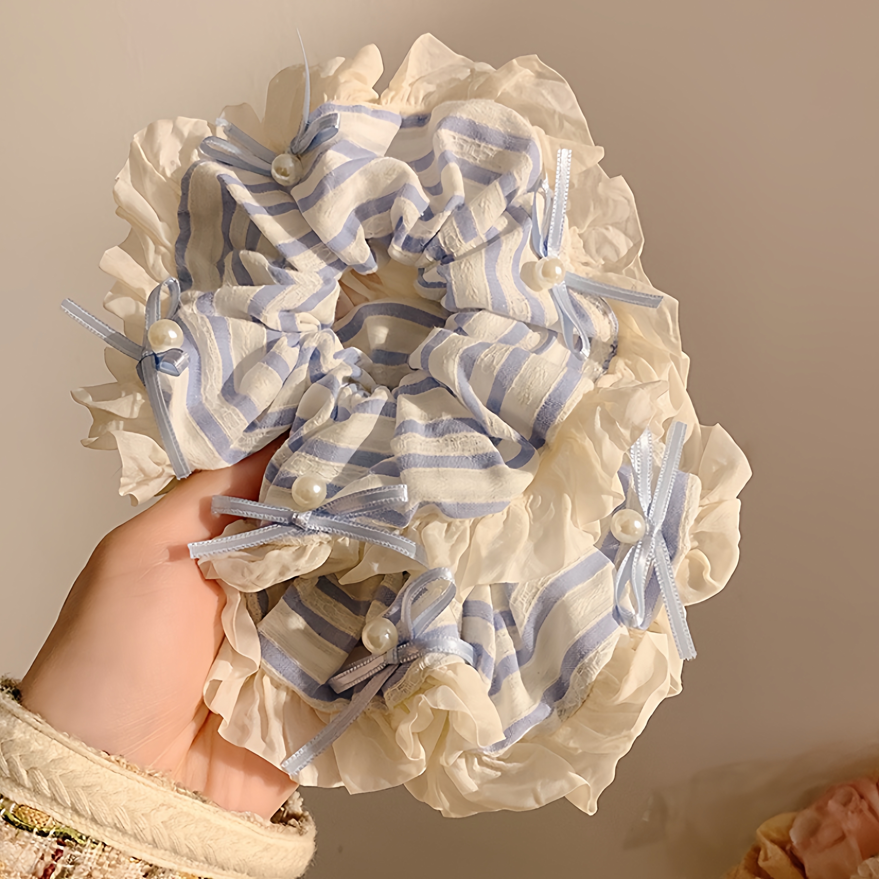 蓝色条纹荷叶边蝴蝶结珍珠大肠发圈少女韩系扎头发丸子头皮筋发绳