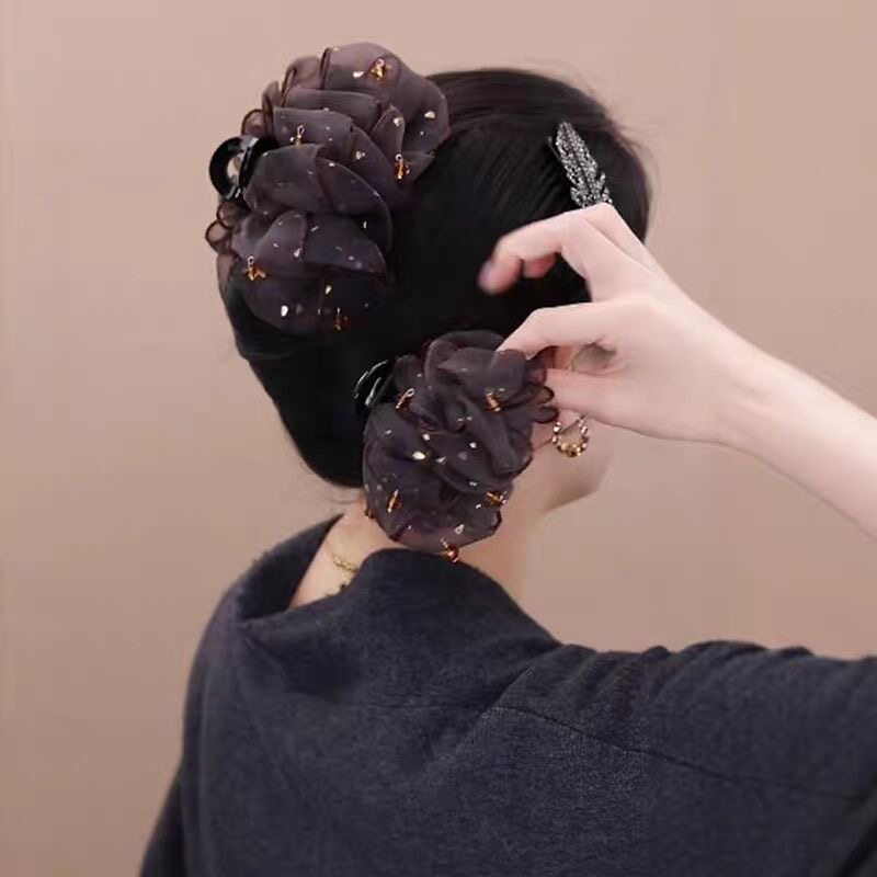 高级感超大蕾丝抓夹网纱蝴蝶结鲨鱼夹百搭蓬松发抓盘发高马尾发饰