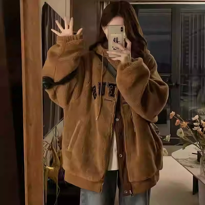 大码胖mm双面穿棒球服羊羔毛外套女冬季加厚加绒美式复古棉服棉袄