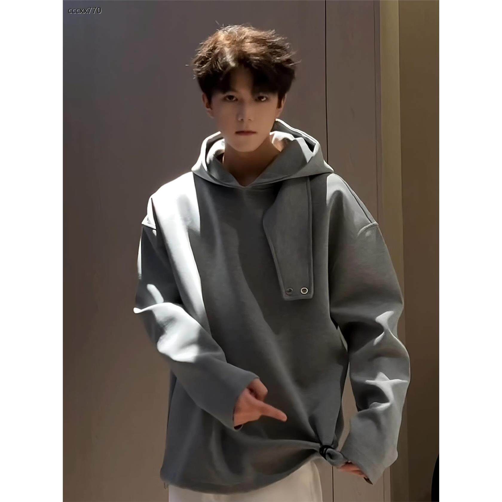 灰色解构空气层连帽卫衣男款秋季ootd穿搭高级感痞帅美式重磅外套