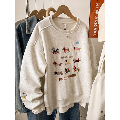 美式复古刺绣卫衣女秋冬季加绒胖mm宽松大码显瘦无帽圆领外套上衣