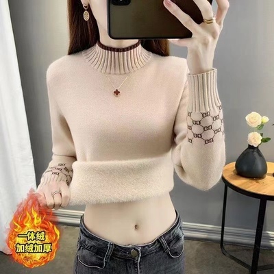 新款2025冬季保暖加绒加厚半高领针织打底衫女100一体绒毛衣外套