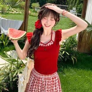 多巴胺红色格子假两件短袖T恤女夏小个子挂颈1/4吋套筒扳手袖上衣