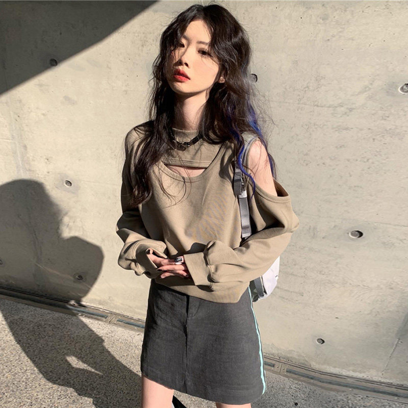 卡其色卡腰短款卫衣女秋圆领高级感超好看露肩正肩奶咖色无帽外套