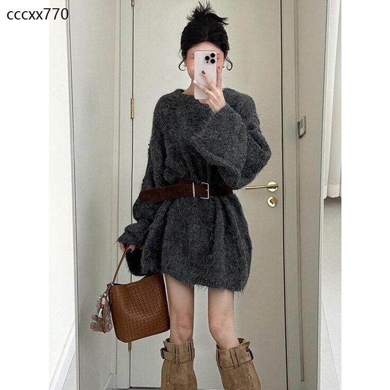 慵懒老钱风灰色软糯中长款毛衣女秋冬季高级感加厚宽松针织衫上衣