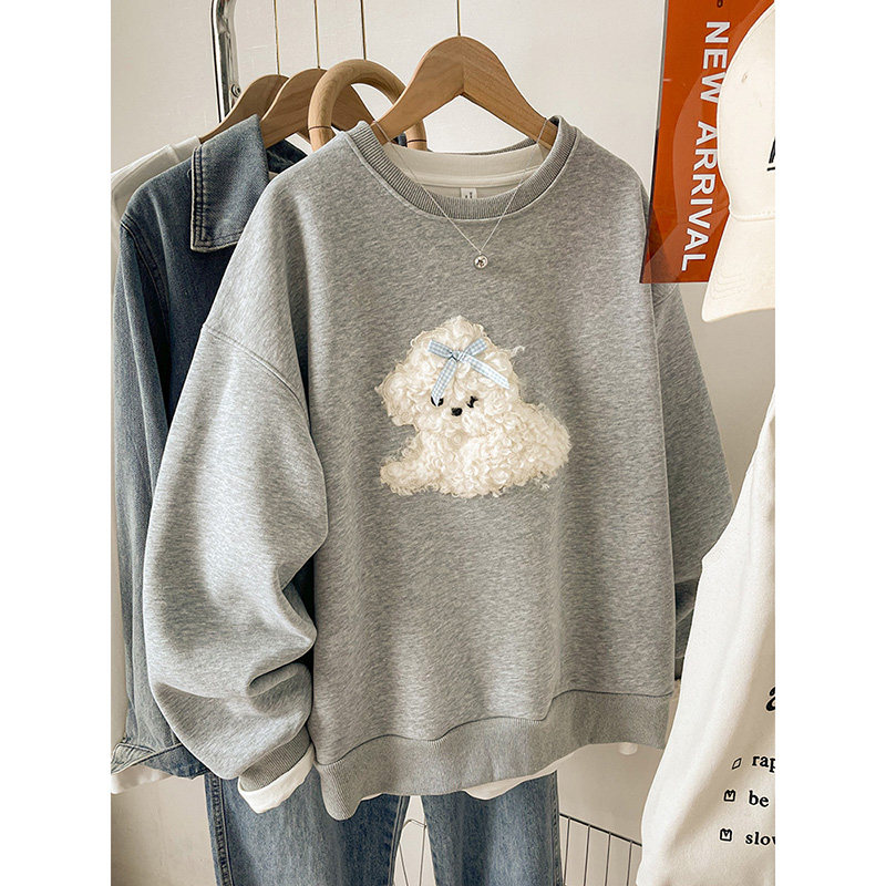 灰色卫衣女新款2025爆款宽松胖mm大码刺绣无帽长袖上衣秋冬季加绒