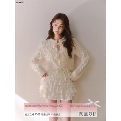 覆古钩针系带蝴蝶结短款针织开衫女秋冬手工珍珠领毛衣外套