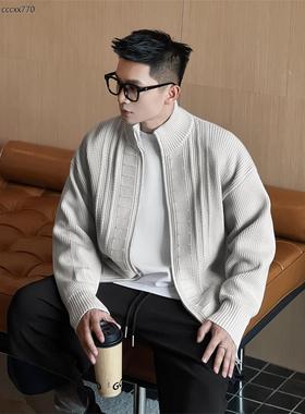 NO22WEAR华夫格肌理感拉炼开衫毛衣男士秋冬慵懒风保暖针织衫外套