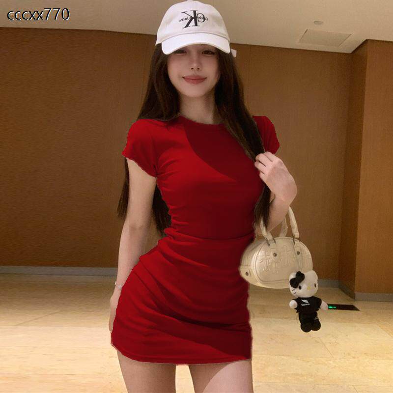 辣妹性感褶皱圆领短袖收