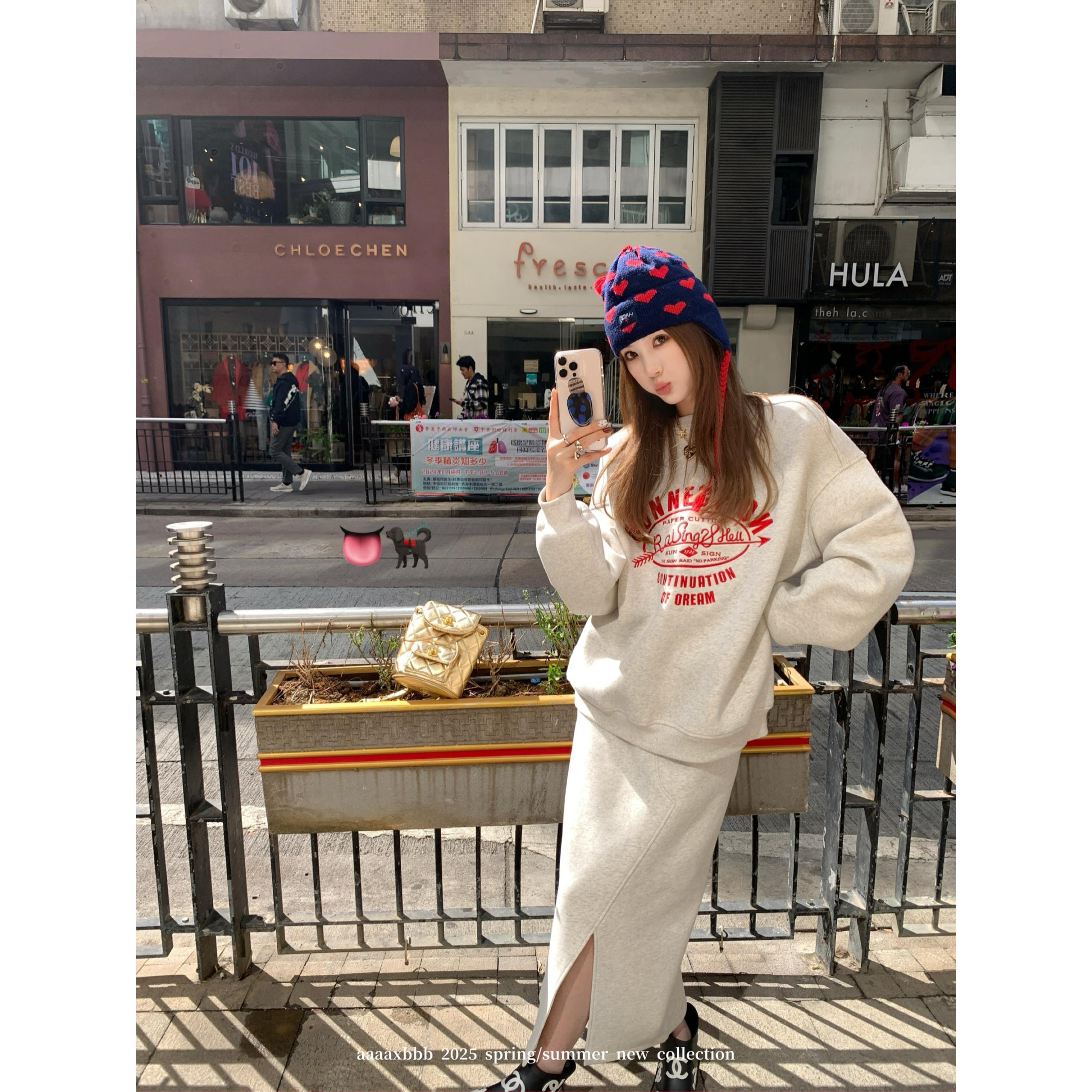 aaaaxbbb 那不勒斯海岸线 两色刺绣卫衣套装加绒宽松上衣半身裙女