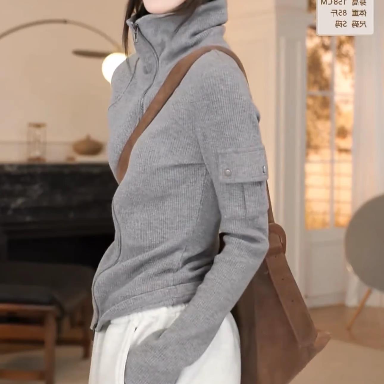 灰色双拉链高领开衫卫衣女2025秋季新款设计感口袋百搭显瘦外套潮