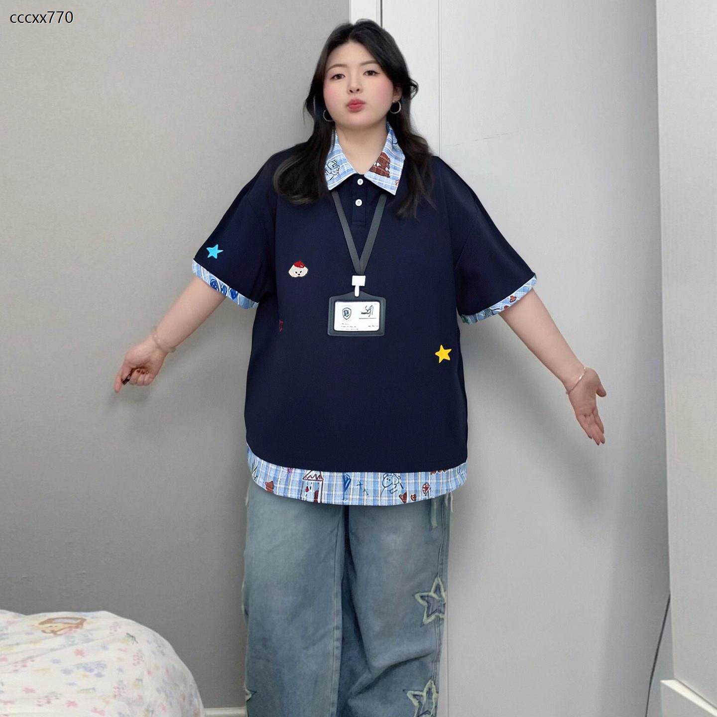 胖mm大尺码学院风小狗刺绣POLO领短袖t恤女格子拼接设计假两件上