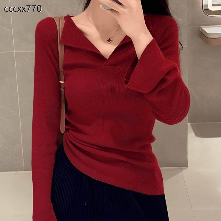 法式安哥拉红羊毛衫女秋季内搭修身气质显瘦设计感V领针织打底衫